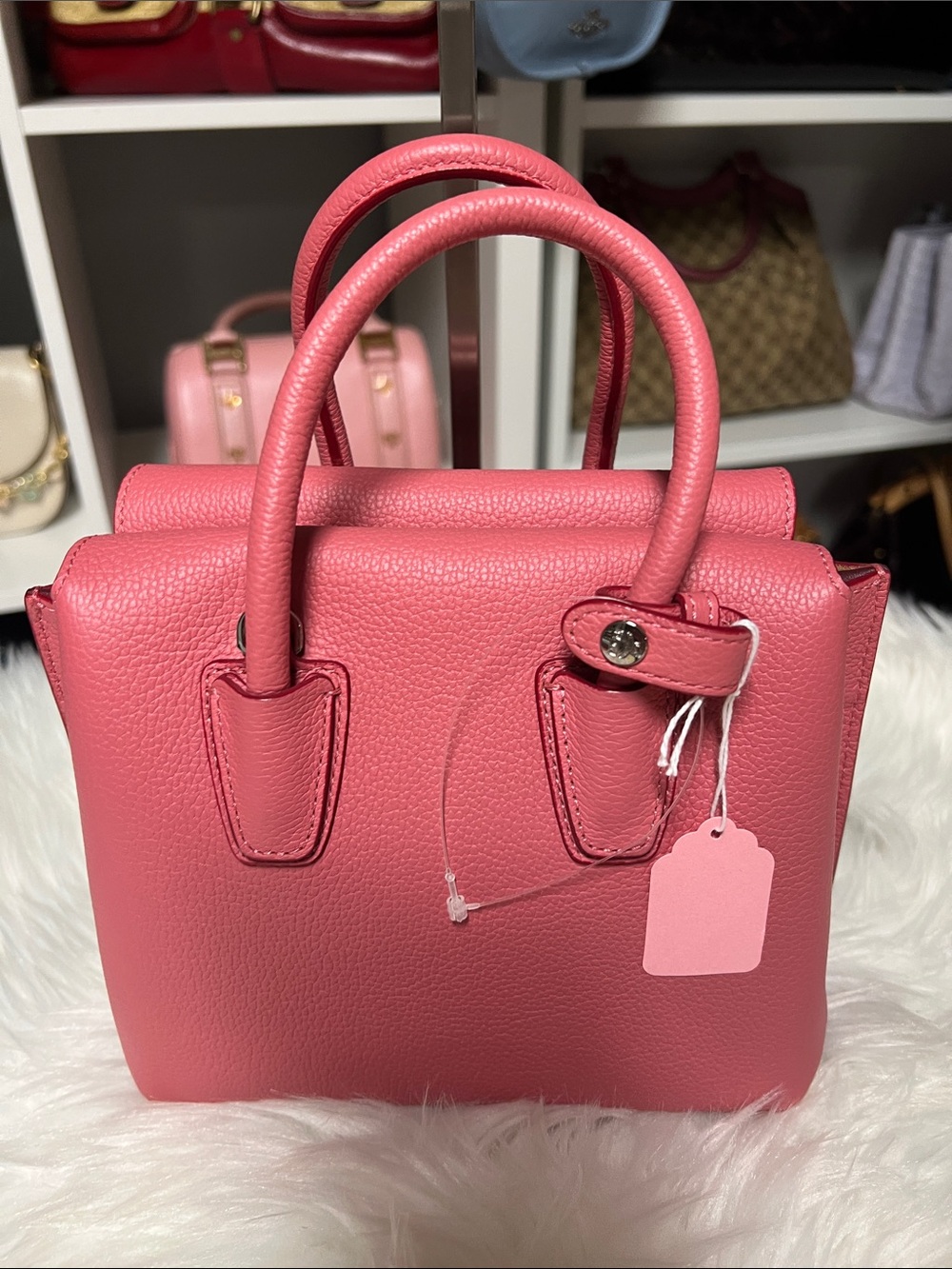 MCM Coral Pink Leather Top-Handle Satchel with Burgundy Tag - Picture 7 of 10